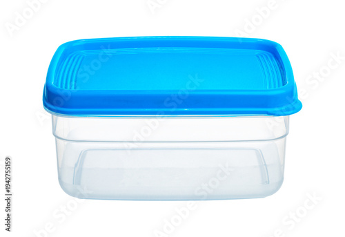 Konstfotografi Clear plastic container with blue lid for food storage isolated on transparent b