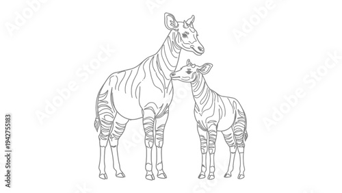 Okapi bond: A tender moment captured as a mother okapi nuzzles her young calf, showcasing the gentle bond and unique markings of these elusive creatures.