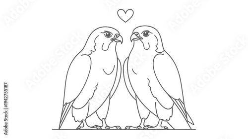 Two Falcons in Love: A charming illustration depicts two falcons standing face-to-face, with a heart hovering above them, symbolizing affection and companionship.