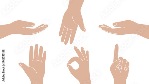 Flat vector illustration of various human hand gestures and signs including pointing and open palms isolated on white background,