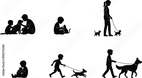 Collection of black silhouettes featuring children playing with pets including boys and girls walking dogs and hugging cats isolated on white background for family designs.