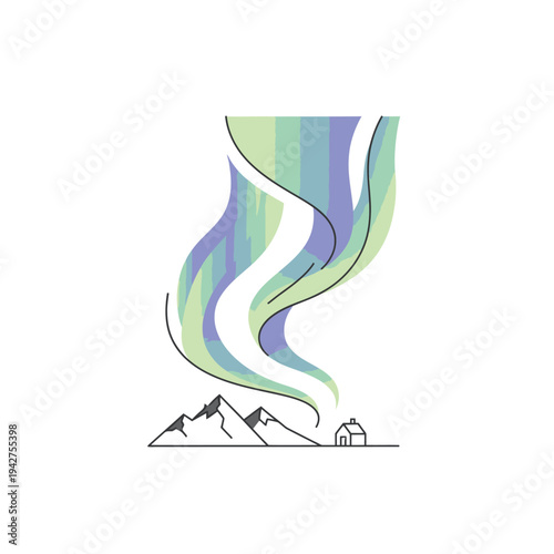 Minimalist Aurora Borealis Over Snowy Mountains and Cabin.