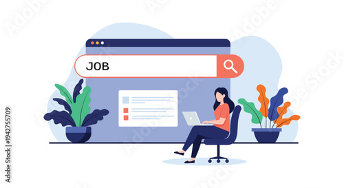 Online Job Search and Career Opportunity with Laptop – Recruitment Flat Vector Illustration