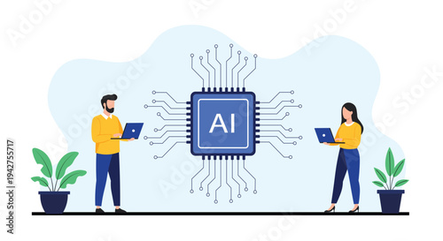 Artificial Intelligence Technology with AI Chip and Developers – Machine Learning Flat Vector Illustration