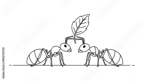 Ants Collaboration with Leaf: Two ants display teamwork and strength as they carry a leaf together, highlighting their cooperative nature
