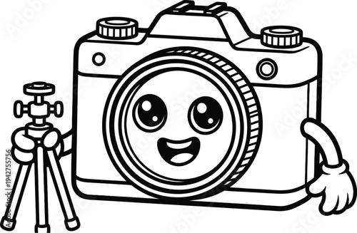 Cute camera mascot with tripod cartoon outline illustration