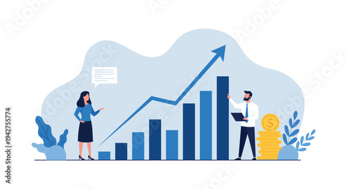Business Growth Analysis with Upward Chart and Team – Financial Success and Profit Increase Flat Vector Illustration