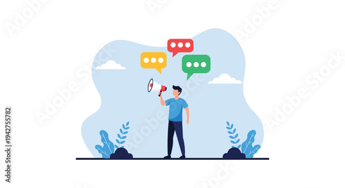 Social Media Marketing Communication with Megaphone and Chat Bubbles – Digital Marketing Flat Vector Illustration