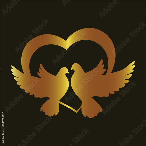 Golden wedding dove. Heart love vector. Romantic birds. Gold anniversary. Wedding icon. Elegant couple. Bridal graphic. Love symbol. Luxury invitation. Religious love.