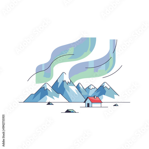 Minimalist Aurora Borealis Over Snowy Mountains and Cabin.