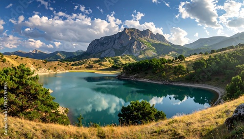 A scenic panorama of a tranquil lake nestled at the foot of rugged mountains under a cloudy, blue sky