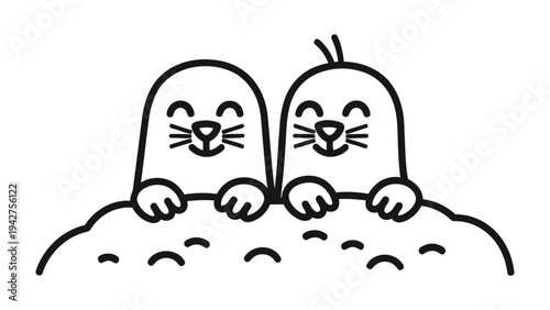 Adorable Moles Cartoon: Two cheerful moles peek out from a mound, their happy expressions creating a sense of playful delight and whimsical charm.