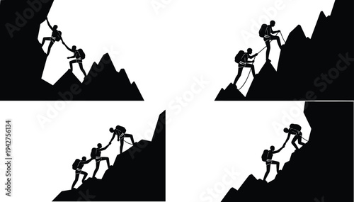Mountaineers Teamwork Climbing Steep Mountain Rock Face Helping Each Other Using Rope Assistance Silhouette Adventure Concept Illustration