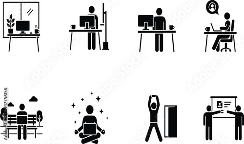 Modern Vector Icon Set Illustrating Healthy Work Life Balance Lifestyle, Remote Productivity, Mental Wellbeing, And Stress Relief Concepts For Business Design