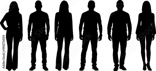 Group of diverse people silhouettes standing together in a row flat vector illustration for community teamwork business social diversity and inclusion