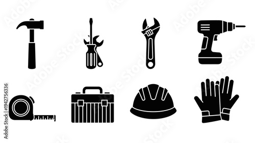 Essential toolkit icons set: hammer, screwdriver, wrench, drill, and more in crisp black silhouette