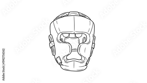 Black and white line art of protective martial arts headgear for training