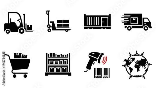 Logistics and delivery icons: warehouse, shipping, barcode, global distribution