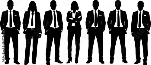 Group of professional business people silhouettes wearing suits standing together in a row flat vector illustration for corporate teamwork success