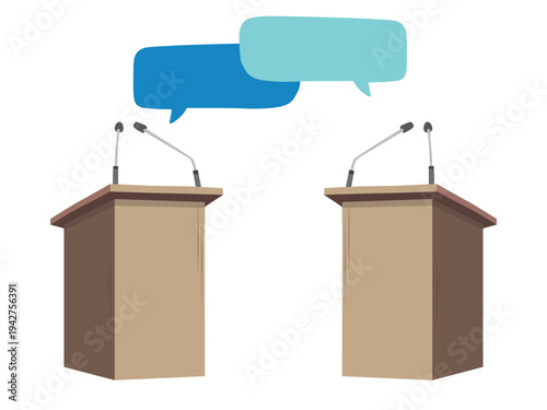A two podium for presentations with microphones and speech bubbles. The concept of debate or discussion. Flat color vector illustration isolated on a white background