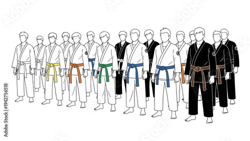 Diverse martial arts group in traditional outfits displaying colorful belts