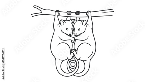 Hanging sugar gliders: two adorable sugar gliders embrace while hanging upside down from a tree branch, displaying their close bond in a heartwarming illustration.