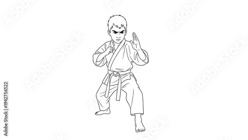 Martial arts young boy in karate pose sketch style