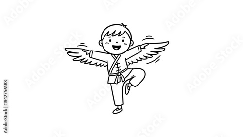Happy child practicing martial arts with wings in linear art style