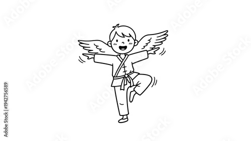 Happy child in karate outfit with angel wings in simple line art style