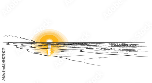 Minimalist coastal sunset: line art design capturing tranquil ocean waves