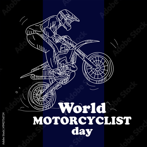 World Motorcyclist Day greeting card with outline rider performing jump stunt on bike isolated on black, blue background. Flat illustration for extreme sports posters, biker banners social media post
