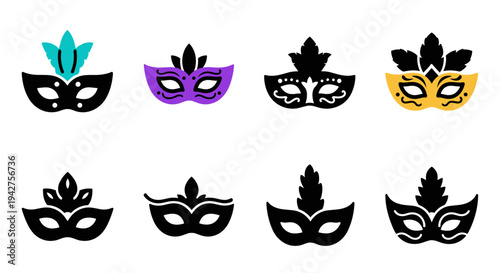 Colorful carnival masks with feathers and decorative elements in flat style