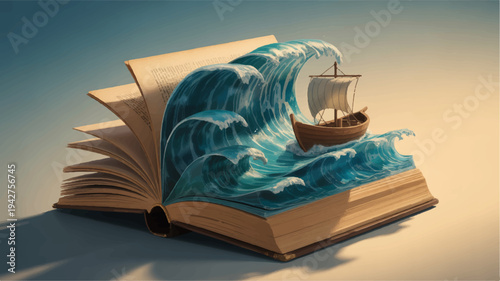 Open book with wave and sailboat emerging from pages symbolizing imagination and adventure in literature