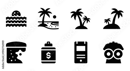Tropical island and technology icons in black silhouette style