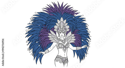 Coloring page: carnival dancer with elaborate feather headdress for kids
