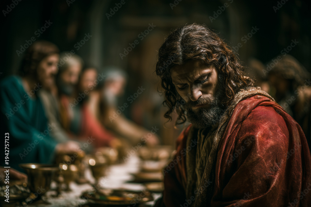 Fototapeta premium Judas Leaving the Last Supper in Dramatic Biblical Scene with Jesus and Apostles at Table Holy Thursday