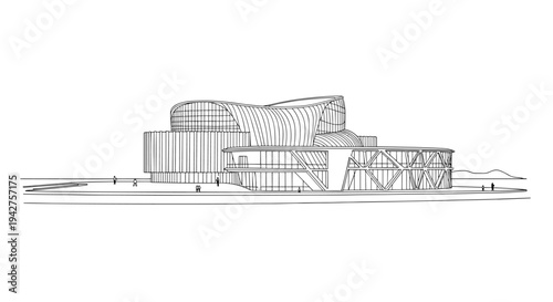 Modern architectural design featuring a multi-story building in linear art style