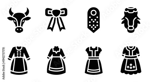 Traditional bavarian outfit icons: dirndl, lederhosen, and alpine symbols in black and white