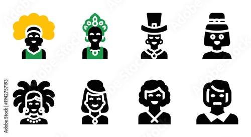 Diverse character icons in flat style featuring cultural and historical headwear