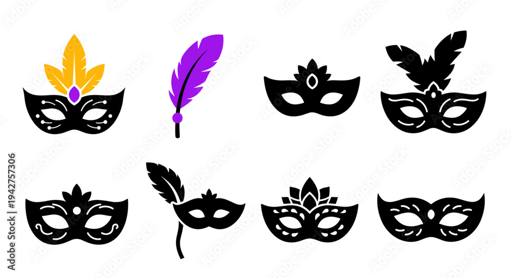 Fototapeta premium Colorful carnival masks with feathers variety set for festive celebrations