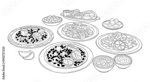 Mediterranean cuisine line art: olives, cheese, and tempting appetizers