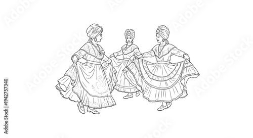 Traditional dance in detailed linear art featuring cultural attire