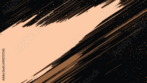 Abstract beige and black background with streaks and splatters