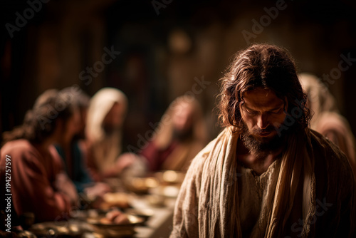 Judas Leaving the Last Supper Looking Down While Jesus and Apostles Gather at Table During Holy Thursday