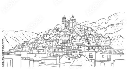 Charming italian hill town in linear outline art