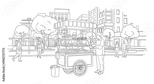 Street vendor selling food in urban setting with busy pedestrian scene in linear art style