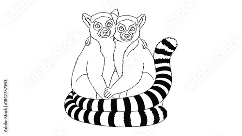 Affectionate Lemurs: Two ring-tailed lemurs embrace, their bond of affection evident as they sit together. Their distinctive striped tails wrapped lovingly.
