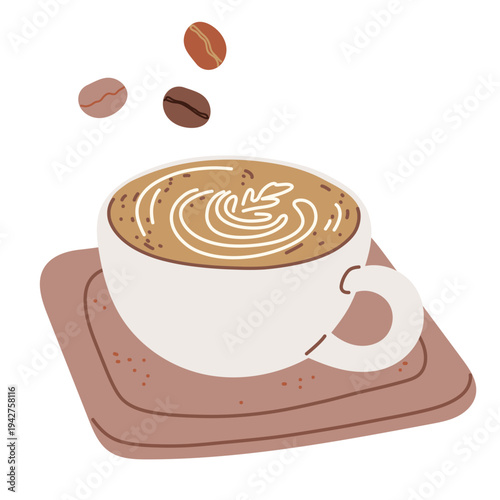 Coffee latte cup with coffee beans. Hand drawn vector illustrations