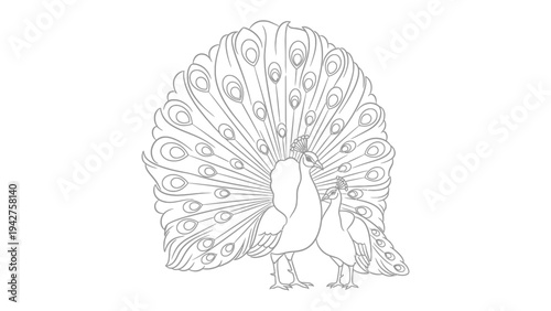 Elegant Peacock illustration: A majestic peacock displays its vibrant, fanned tail, showcasing intricate patterns. A black and white depiction of a beautiful bird with a stunning tail.