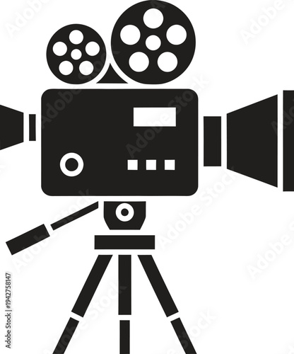 Black silhouette of a vintage film camera on tripod